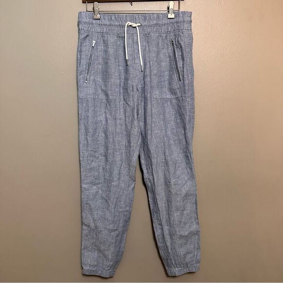 Athleta | Linen Cabo Blue Chambray Zip Pocket High Waist Joggers Pants 6 - Picture 2 of 8